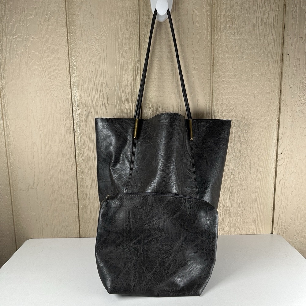 Anthropologie Leather Akimbo Shoulder Tote Bag w/ Pouch Black Charcoal Brass